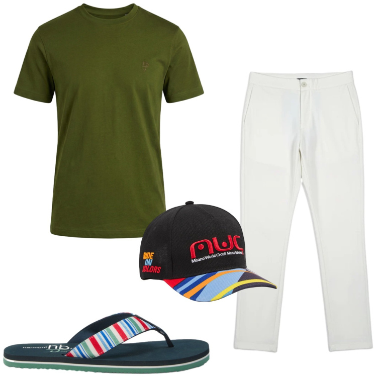 Outfit uomo - Total look #2419546. Stile Casual per Tutti i giorni. Abbinamento con t-shirt, sandali, cappelli con visiera, pantaloni.