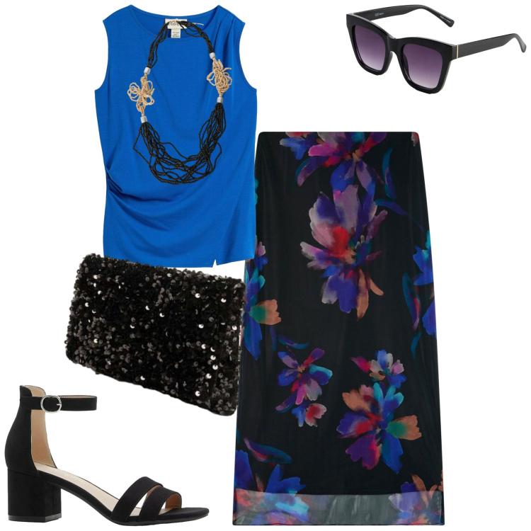 Outfit donna - A cena. Stile Chic per Serata fuori. Abbinamento con sandali col tacco, top, occhiali da sole, gonne lunghe, collane, clutch.