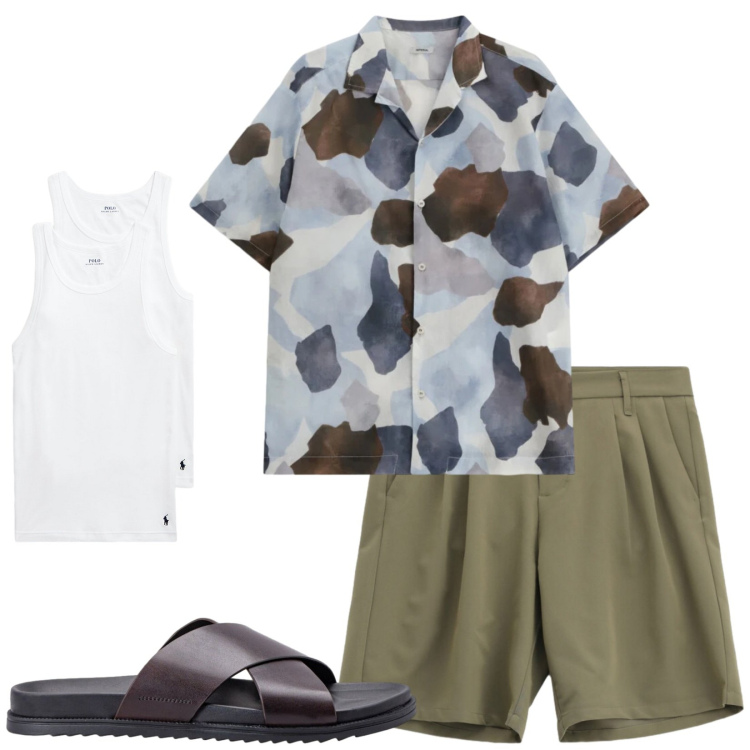 Outfit uomo - Total look #2419548. Stile Casual per Mare. Abbinamento con abbigliamento da notte, sandali, camicie a manica corta, bermuda.