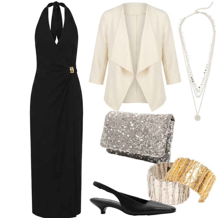 Outfit donna - Eleganza curvy per le sere di giugno. Stile Glamour per Serata fuori. Abbinamento con décolleté, collane, vestiti lunghi, blazer, braccialetti, clutch.