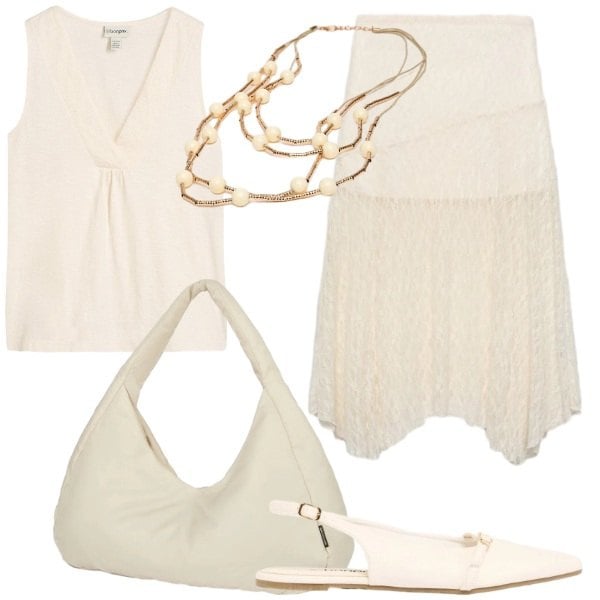 Outfit donna - Total white di giugno. Stile Casual chic per Tutti i giorni. Abbinamento con ballerine, top, gonne longuette, borse a spalla, collane.