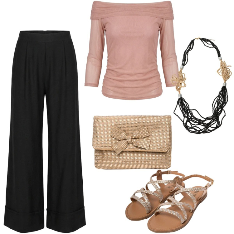 Outfit donna - Eleganza curvy per le sere di giugno. Stile Casual chic per Serata fuori. Abbinamento con collane, top, pantaloni a palazzo, sandali in pelle, clutch.