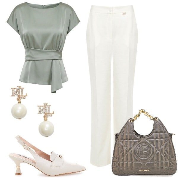 Outfit donna - Eleganza senza tempo. Stile Chic per Serata fuori. Abbinamento con bluse, pantaloni a palazzo, orecchini, décolleté, borse a mano.