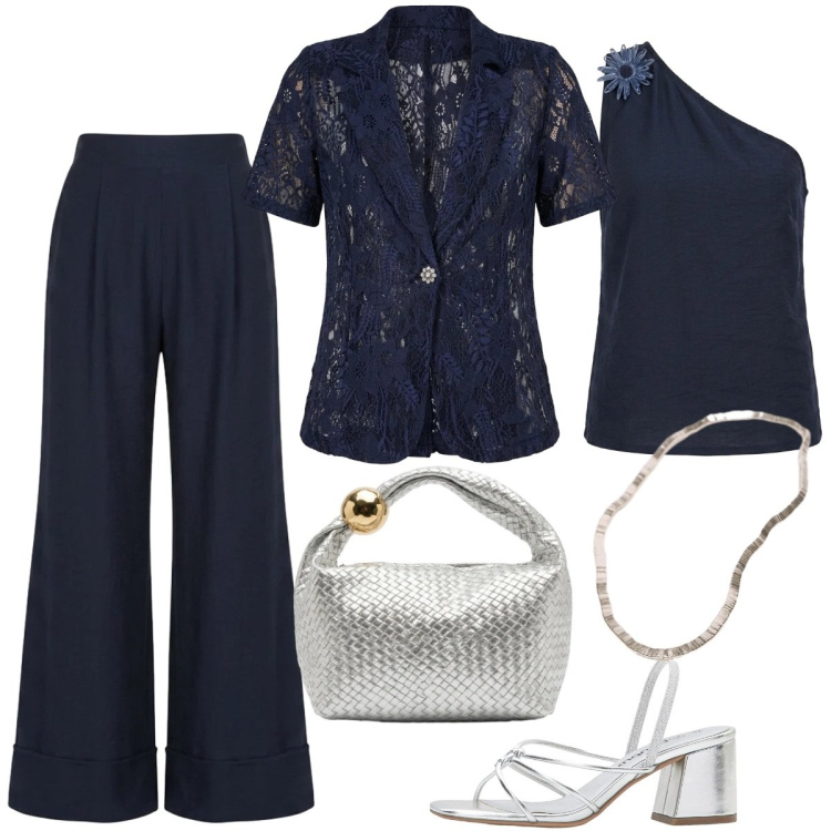 Outfit donna - Eleganza curvy per le sere di giugno. Stile Glamour per Serata fuori. Abbinamento con sandali col tacco, blazer, top, pantaloni a palazzo, borse a mano, collane.