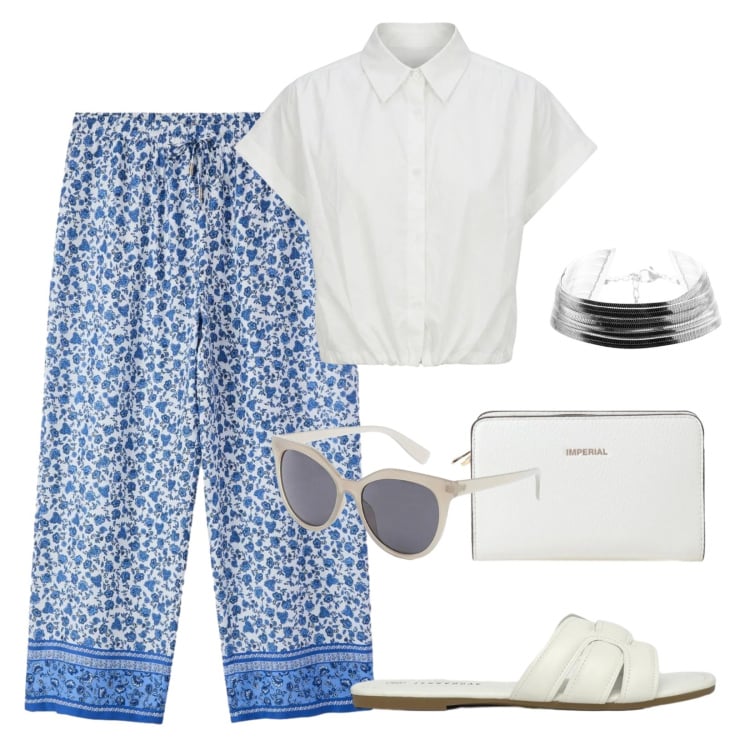 Outfit donna - Tessuti freschi. Stile Casual per Ufficio. Abbinamento con occhiali da sole, ciabatte, pantaloni, borse a tracolla, braccialetti, camicie a manica corta.