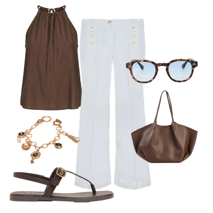 Outfit donna - Estate stile curvy. Stile Minimal per Tutti i giorni. Abbinamento con shopping bag, sandali, jeans, occhiali da sole, braccialetti, canottiere.