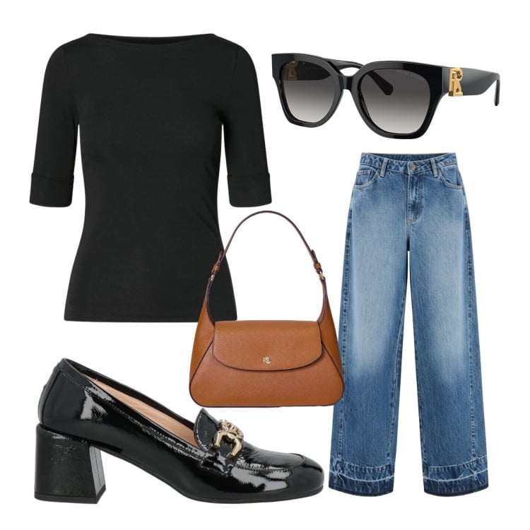 Outfit donna - Casual chic. Stile Casual chic per Ufficio. Abbinamento con mocassini, jeans dritti, occhiali da sole, t-shirt, borse a spalla.