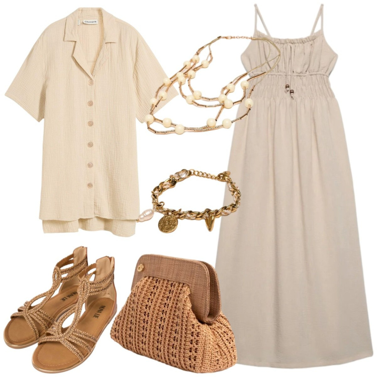Outfit donna - Estate in stile naturale. Stile Boho per Tutti i giorni. Abbinamento con camicie a manica corta, vestiti lunghi, sandali in pelle, collane, braccialetti, clutch.