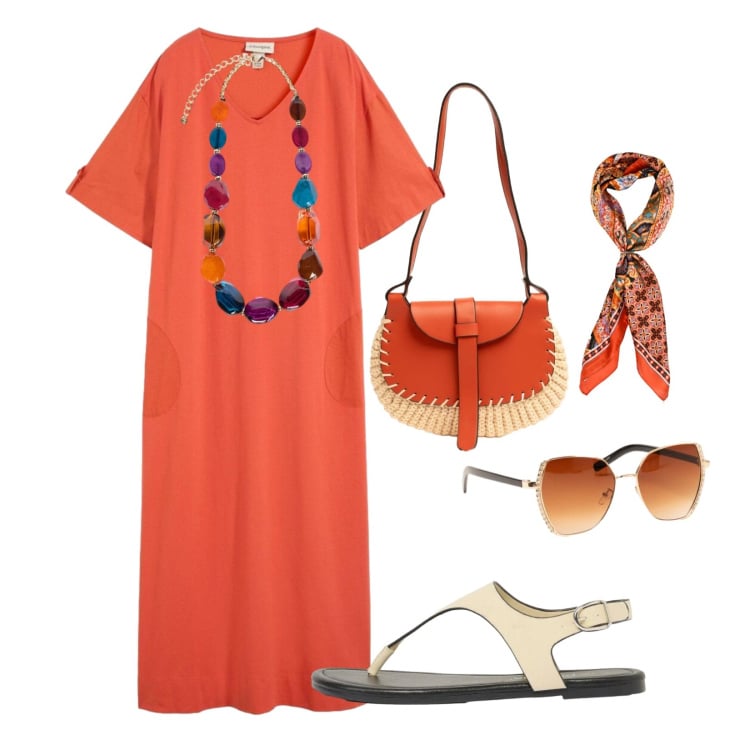 Outfit donna - Armonia estiva curvy. Stile Casual per Mare. Abbinamento con vestiti chemisier, infradito, collane, foulard, occhiali da sole, borse a tracolla.