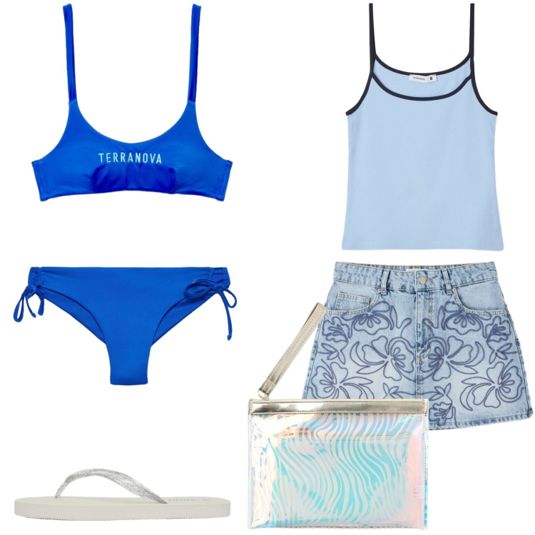 Outfit donna - Estate in riviera. Stile Sporty chic per Mare. Abbinamento con bikini, minigonne, bikini, pochette, top, infradito.