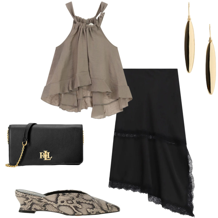 Outfit donna - Serata estiva. Stile Casual chic per Serata fuori. Abbinamento con gonne longuette, borse a mano, orecchini, sabot, top.