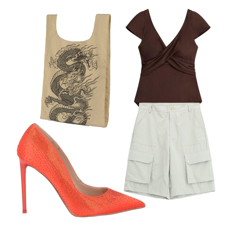Outfit donna - Giugno. Stile Casual chic per Tutti i giorni. Abbinamento con décolleté, costumi interi, bermuda, shopping bag.