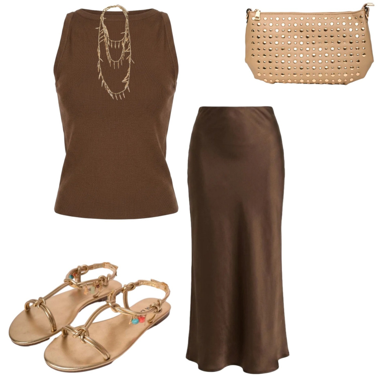Outfit donna - Mocha mousse a giugno. Stile Chic per Tutti i giorni. Abbinamento con collane, gonne longuette, borse a tracolla, sandali in pelle, canottiere.