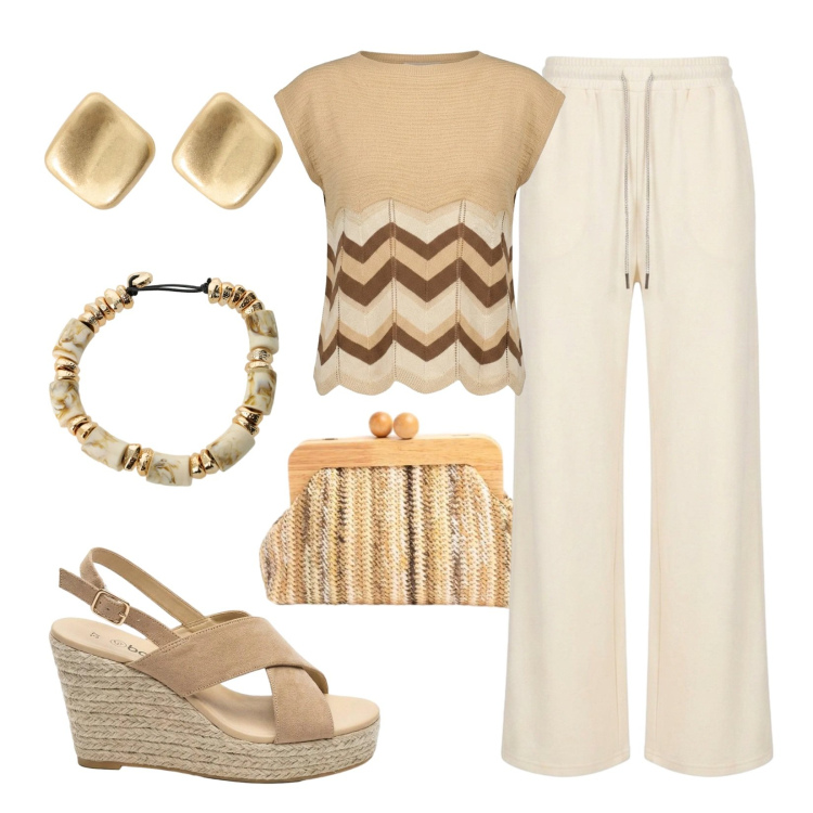 Outfit donna - Nuance neutre. Stile Casual chic per Mare. Abbinamento con sandali col tacco, orecchini, braccialetti, t-shirt, pantaloni, clutch.