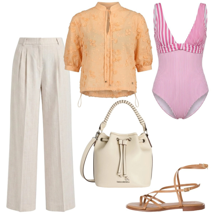 Outfit donna - Casual chic mediterraneo. Stile Casual chic per Tutti i giorni. Abbinamento con sandali in pelle, costumi interi, bluse, pantaloni, borse a secchiello.