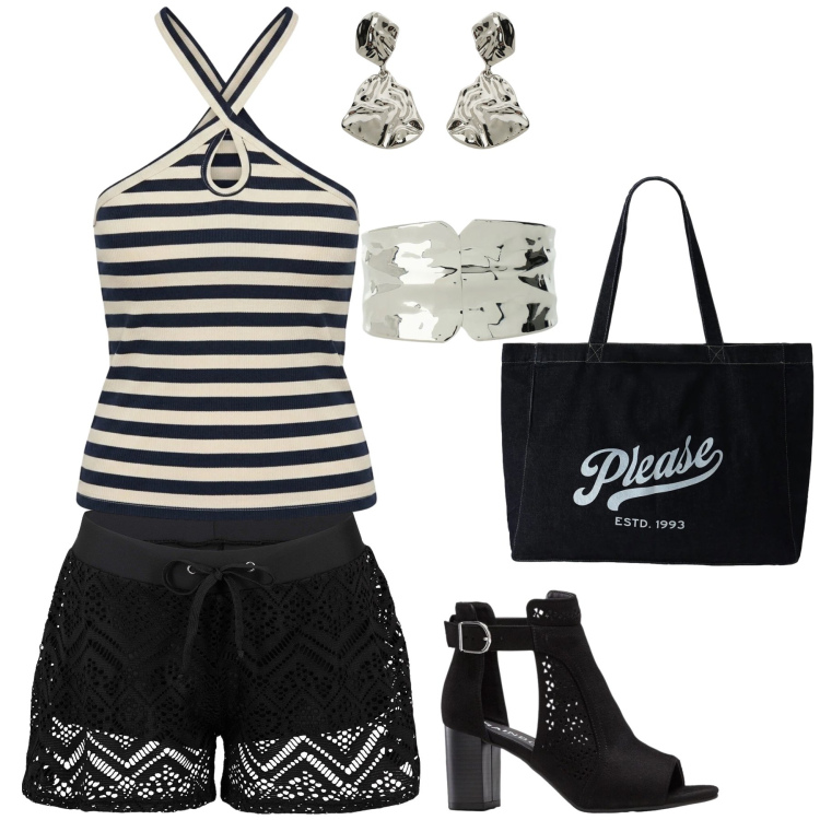 Outfit donna - Please. Stile Casual per Tutti i giorni. Abbinamento con pantaloni corti, sandali col tacco, braccialetti, shopping bag, orecchini, canottiere.