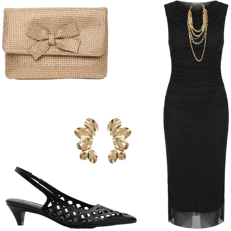 Outfit donna - Serata con amici. Stile Chic per Serata fuori. Abbinamento con décolleté, collane, orecchini, clutch, vestiti midi/longuette.