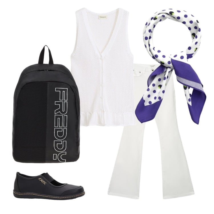 Outfit donna - Primavera. Stile Minimal per Tutti i giorni. Abbinamento con ballerine, maglieria, jeans a zampa, foulard, zaini.