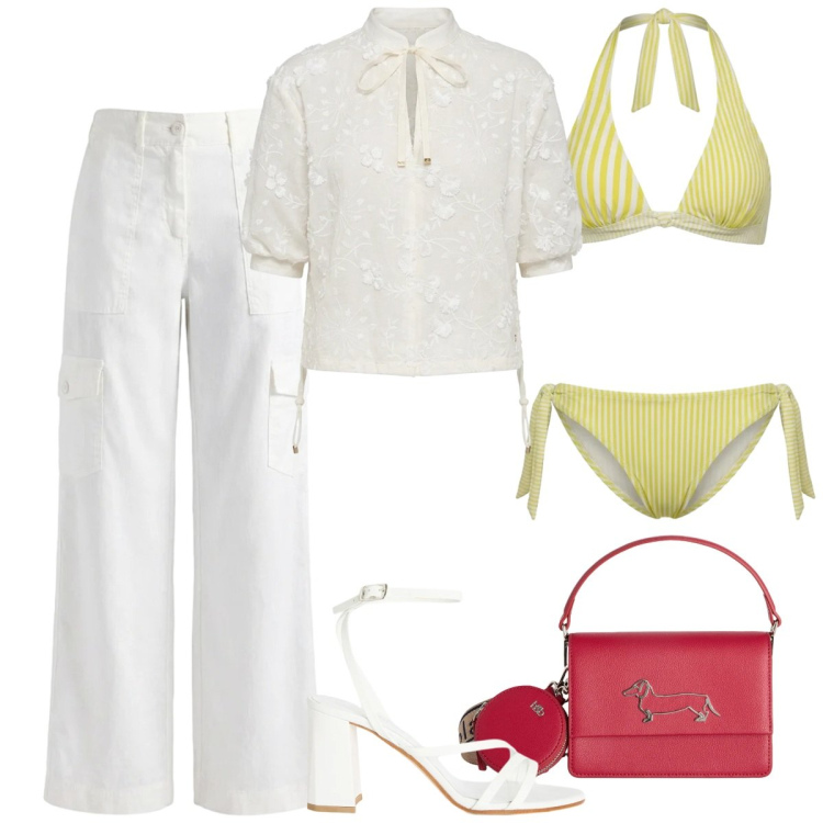 Outfit donna - Casual chic mediterraneo. Stile Casual chic per Tutti i giorni. Abbinamento con sandali in pelle, bikini, borse a tracolla, bluse, pantaloni cargo.