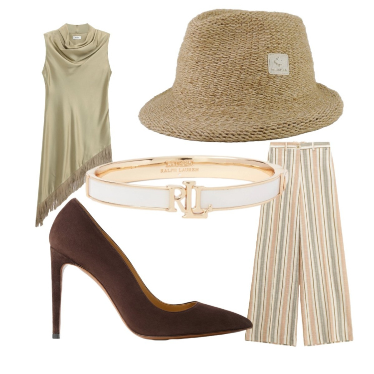 Outfit donna - Giugno. Stile Urban per Tutti i giorni. Abbinamento con décolleté, braccialetti, cappelli, pantaloni a palazzo, top.