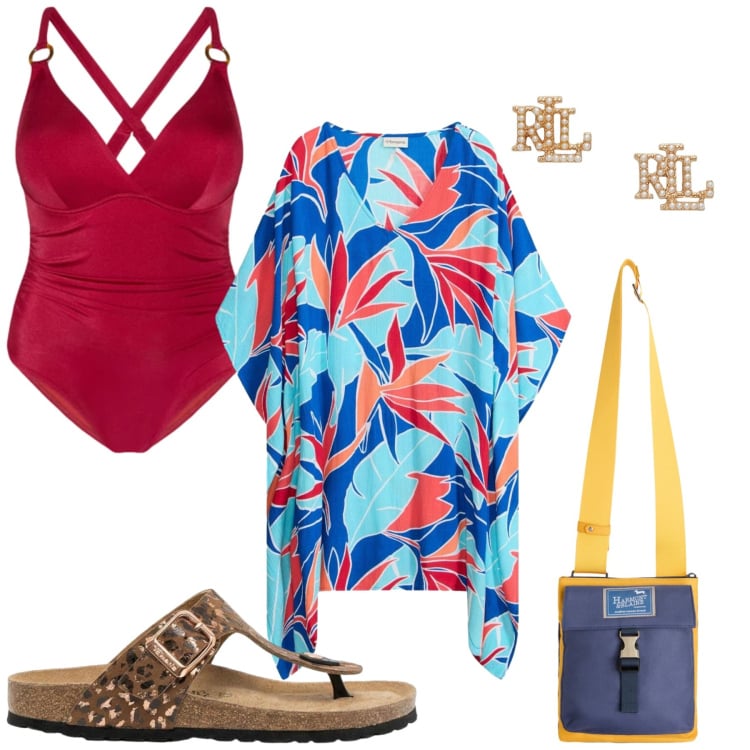 Outfit donna - Total look #2419574. Stile Minimal per Mare. Abbinamento con infradito, vestiti da spiaggia, borse a tracolla, costumi interi, orecchini.