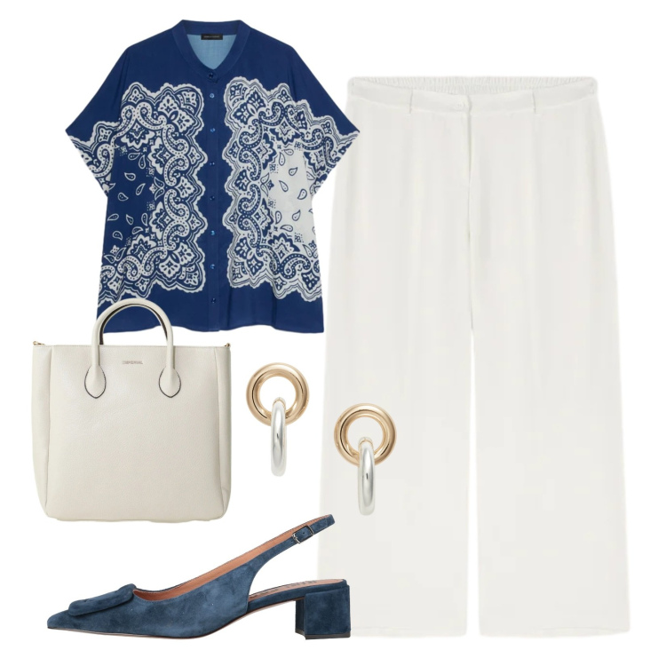 Outfit donna - Comfort e armonia. Stile Minimal per Ufficio. Abbinamento con décolleté, borse a tracolla, bluse, pantaloni, orecchini.