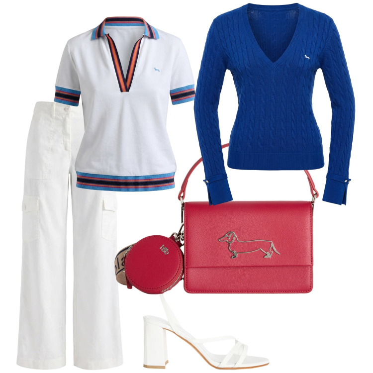 Outfit donna - Cricket. Stile Basic per Ufficio. Abbinamento con polo, pantaloni cargo, sandali in pelle, pullovers, borse a tracolla.