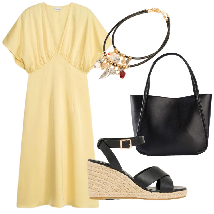 Outfit donna - Total look #2419581. Stile Minimal per Tutti i giorni. Abbinamento con shopping bag, zeppe, vestiti midi/longuette, collane.