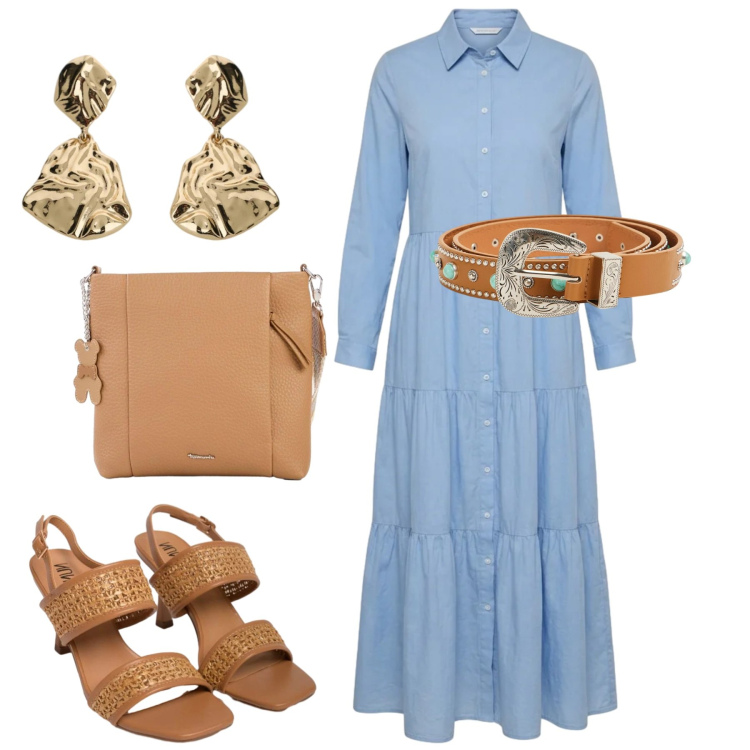 Outfit donna - Total look #2419584. Stile Minimal per Ufficio. Abbinamento con borse a tracolla, vestiti chemisier, cinture, orecchini, sandali in pelle.