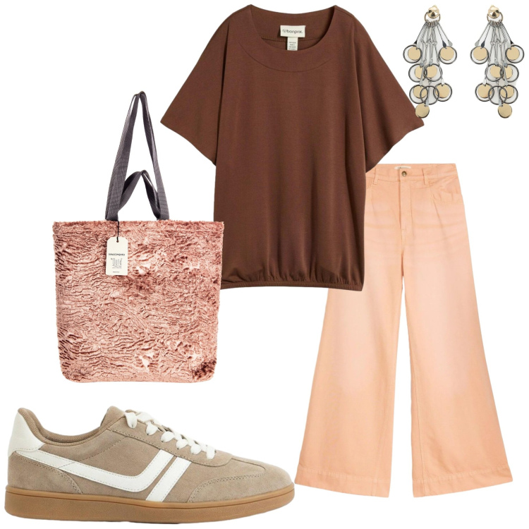 Outfit donna - Giugno in città. Stile Casual per Ufficio. Abbinamento con t-shirt, jeans, sneakers, borse tote, orecchini.