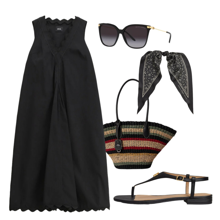 Outfit donna - Nero d\'estate. Stile Casual chic per Tutti i giorni. Abbinamento con occhiali da sole, borse tote, sandali in pelle, foulard, vestiti midi/longuette.