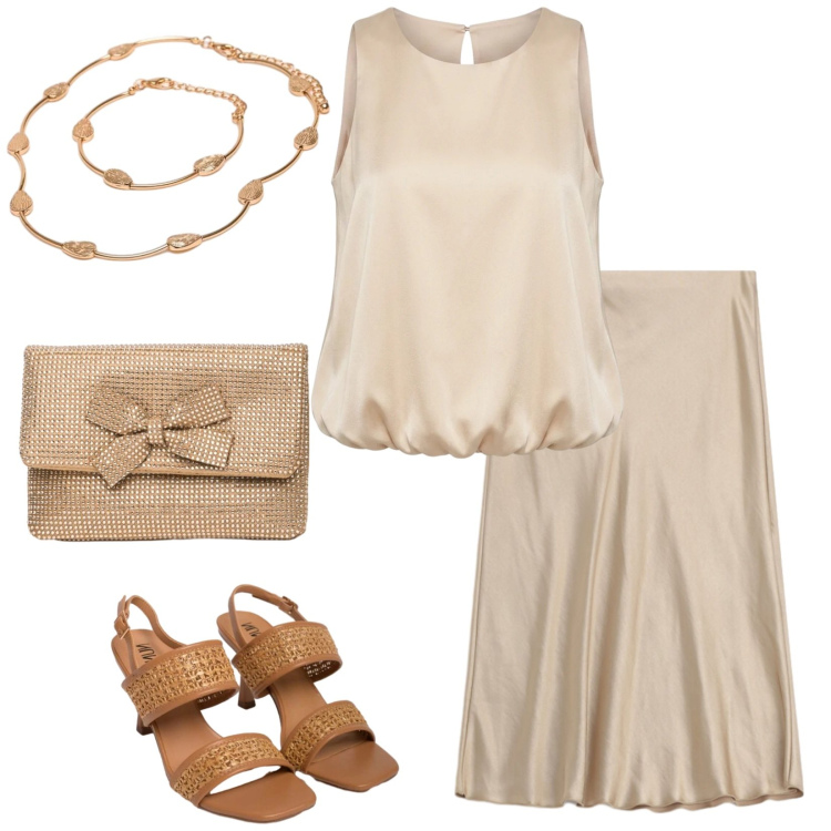 Outfit donna - Total look #2419591. Stile Bon Ton per Cerimonia. Abbinamento con gonne, top, sandali in pelle, clutch, braccialetti.
