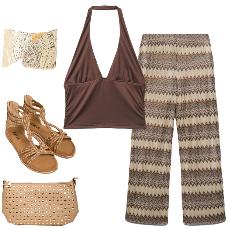 Outfit donna - Total look #2419594. Stile Etnico per Tutti i giorni. Abbinamento con top, pantaloni, braccialetti, sandali in pelle, borse a tracolla.