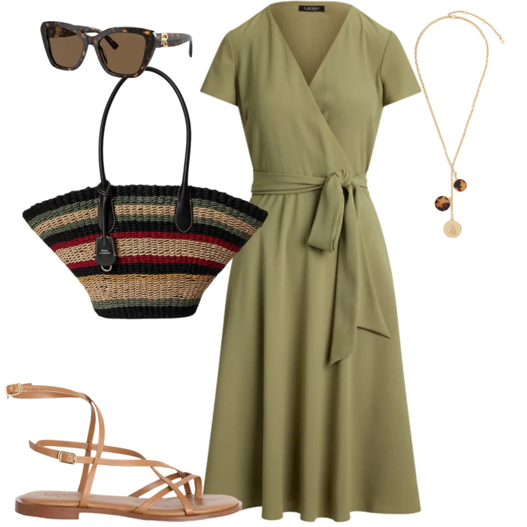 Outfit donna - La borsa di paglia anche in città. Stile Urban per Tutti i giorni. Abbinamento con sandali in pelle, vestiti, borse tote, occhiali da sole, collane.