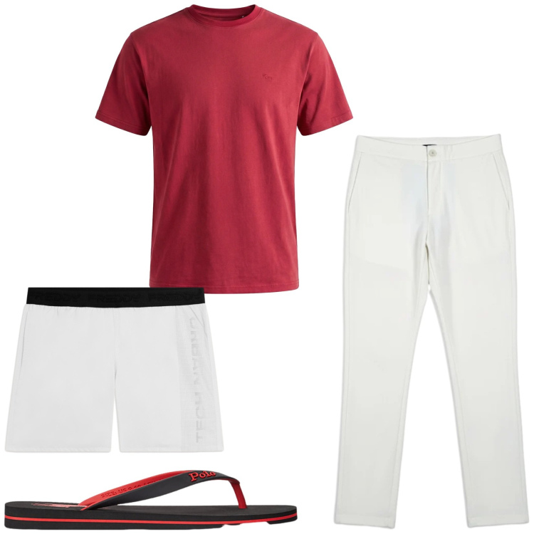 Outfit uomo - Total look #2419597. Stile Trendy per Mare. Abbinamento con t-shirt, costumi, pantaloni, sandali.