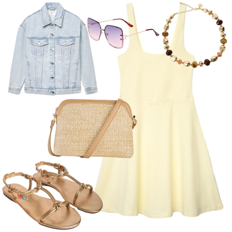 Outfit donna - Weekend. Stile Casual chic per Tutti i giorni. Abbinamento con occhiali da sole, borse a tracolla, vestiti corti, cappotti, collane, sandali in pelle.