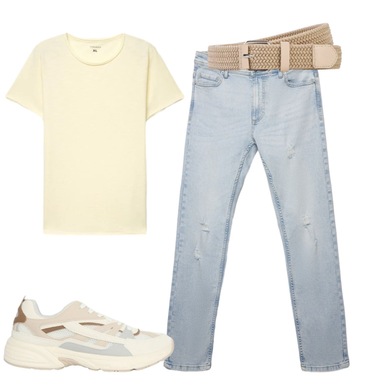 Outfit uomo - City. Stile Casual per Tutti i giorni. Abbinamento con cinture, sneakers, jeans strappati, t-shirt.
