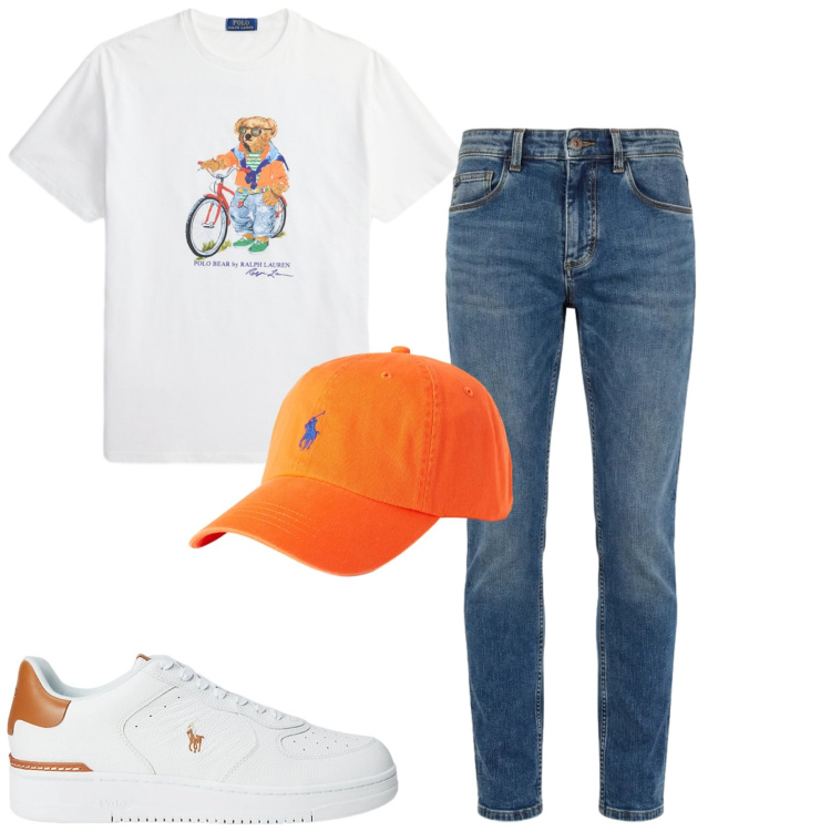 Outfit uomo - City. Stile Casual per Tutti i giorni. Abbinamento con jeans slim fit, sneakers, cappelli con visiera, t-shirt.