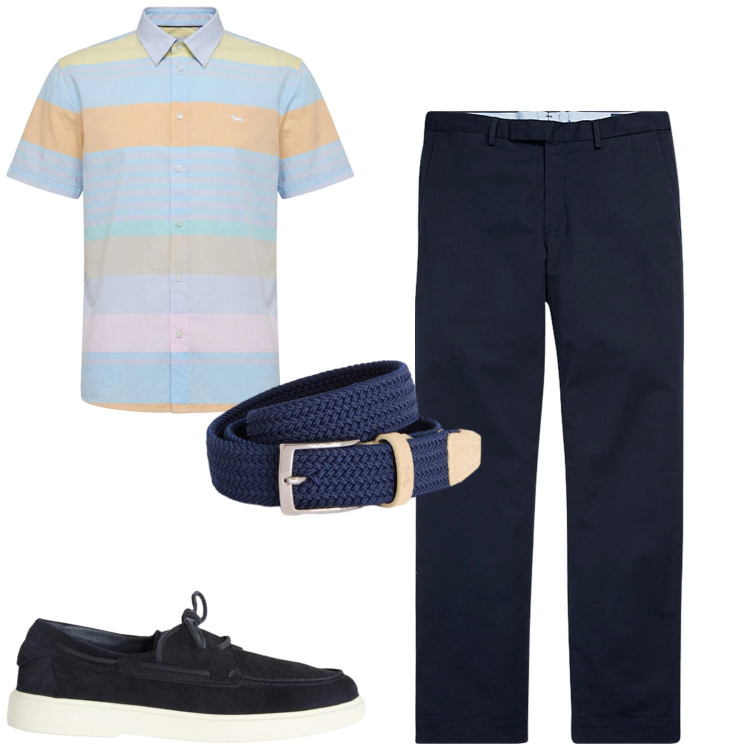 Outfit uomo - City. Stile Urban per Tutti i giorni. Abbinamento con scarpe stringate, camicie a manica corta, cinture, pantaloni chino.