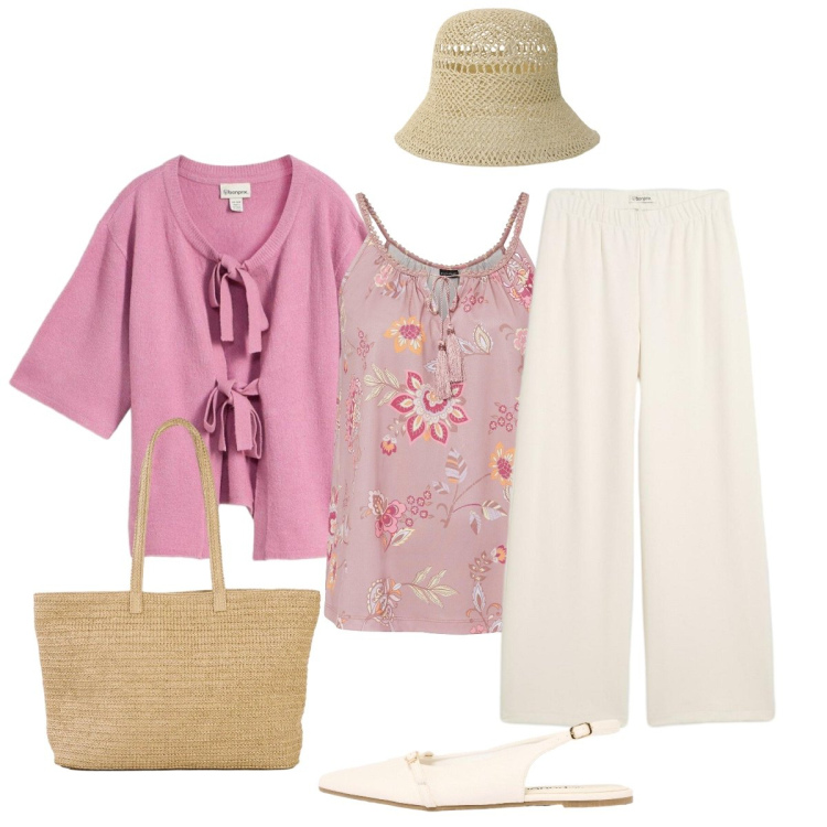 Outfit donna - Sfumature rosa. Stile Romantica per Tutti i giorni. Abbinamento con cardigans, top, pantaloni, shopping bag, ballerine, cappelli.