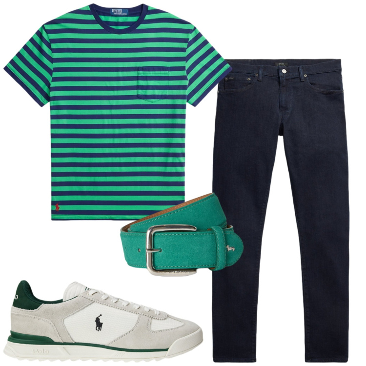 Outfit uomo - City. Stile Casual per Tutti i giorni. Abbinamento con cinture, jeans, t-shirt, sneakers.