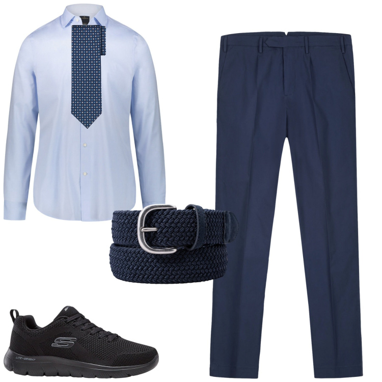 Outfit uomo - Elegante per lavoro. Stile Business/Elegante per Ufficio. Abbinamento con sneakers, camicie, pantaloni, cinture, cravatte.