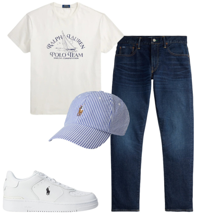 Outfit uomo - Total look #2419616. Stile Casual per Tutti i giorni. Abbinamento con sneakers, jeans, t-shirt, cappelli con visiera.