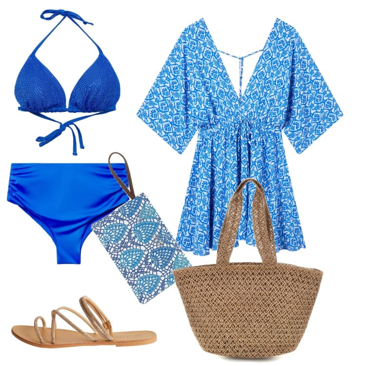Outfit donna - Total look #2419618. Stile Glamour per Mare. Abbinamento con vestiti corti, bikini, sandali, bikini, pochette, borse a spalla.