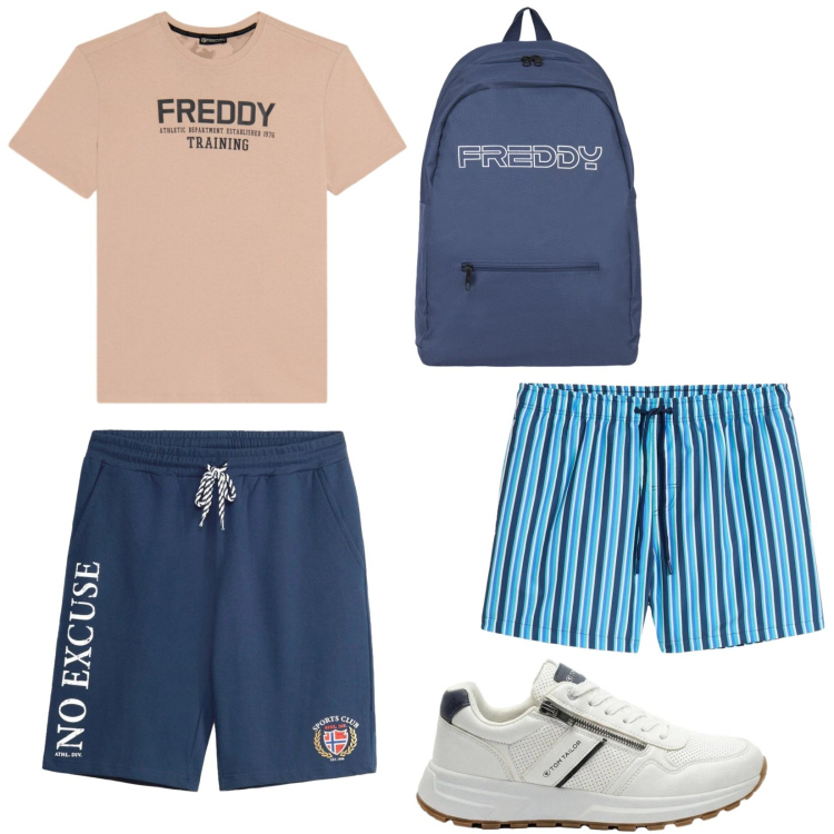Outfit uomo - Vacanze con le sneakers. Stile Casual per Mare. Abbinamento con costumi, sneakers, shorts, t-shirt, borse sportive.