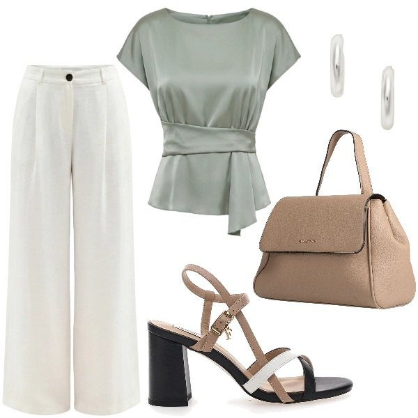 Outfit donna - Verde salvia e avorio. Stile Chic per Ufficio. Abbinamento con zaini, bluse, pantaloni a palazzo, orecchini, sandali col tacco.