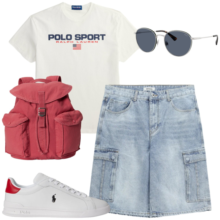 Outfit uomo - Weekend. Stile Casual per Tutti i giorni. Abbinamento con sneakers, occhiali da sole, t-shirt, borse sportive, bermuda.
