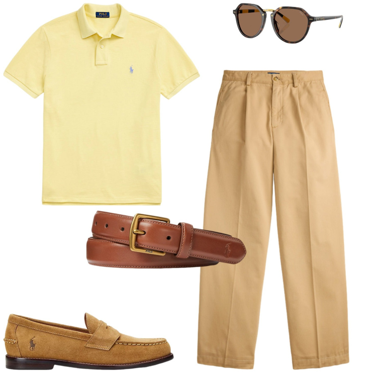 Outfit uomo - City. Stile Urban per Tutti i giorni. Abbinamento con cinture, occhiali da sole, scarpe stringate, polo, pantaloni.