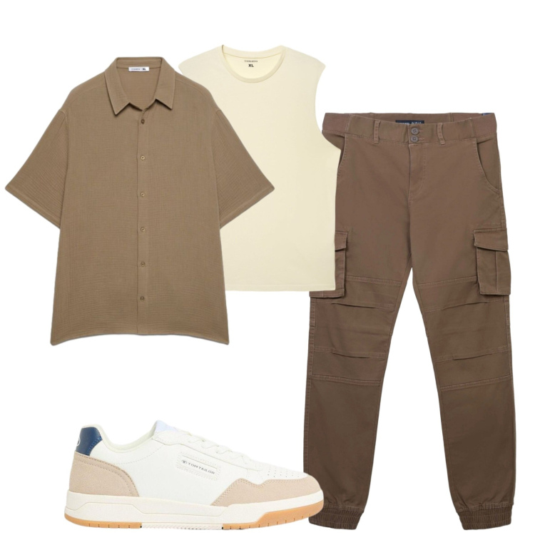 Outfit uomo - City. Stile Casual per Tutti i giorni. Abbinamento con sneakers, pantaloni cargo, canottiere, camicie a manica corta.