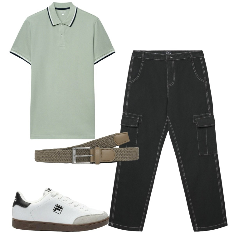 Outfit uomo - Il ritorno della polo. Stile Casual per Tutti i giorni. Abbinamento con sneakers, cinture, polo, pantaloni cargo.